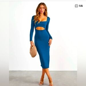 Vici Teal Long Sleeve Cutout Midi Dress